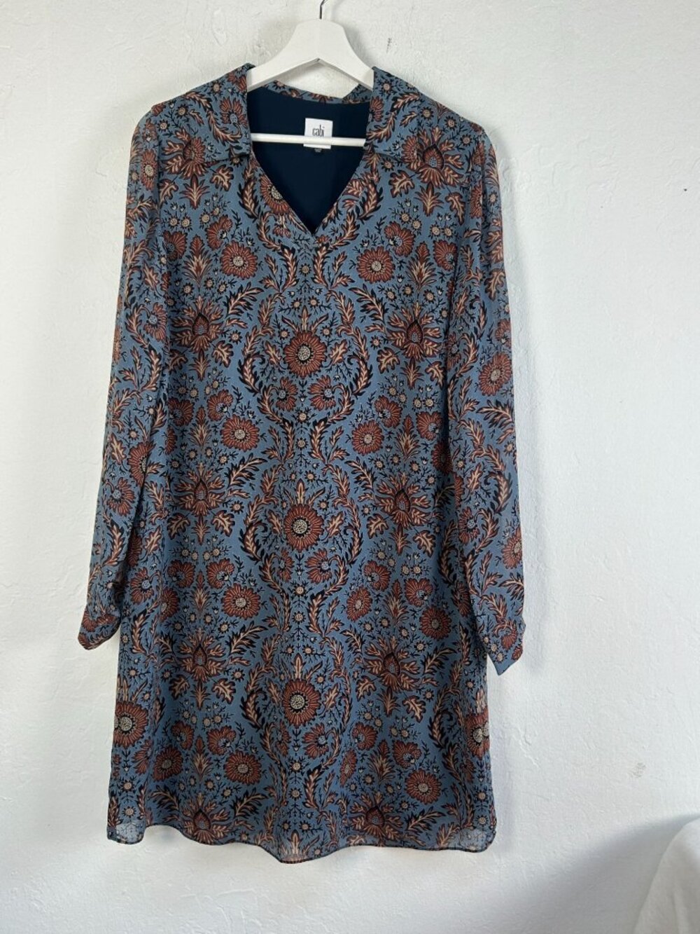 Cabi Womens Provincial Long Sleeve Floral Mini Shift Dress Medium Blue Boho